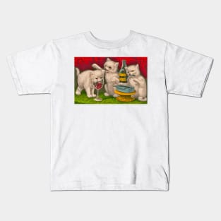 Kittens drinking and eating sardine fish Kids T-Shirt